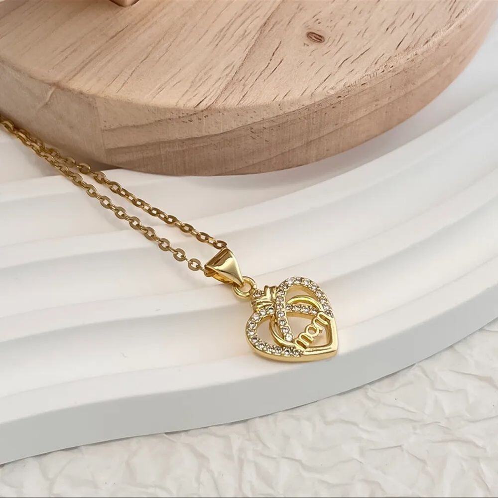 Gold Plated Crystal Pave "MOM" Heart Pendant Necklace - Picture 2 of 4